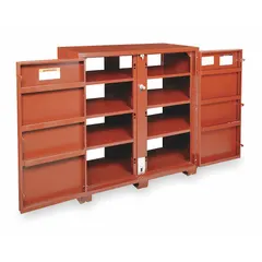 Large jobsite cabinet with 63.7 cu ft capacity for secure tool and equipment storage. Features a padlock hasp (lock not included) and brown finish. Suitable for construction sites, industrial facilities, and workshops.