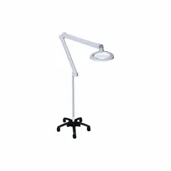Floor-stand medical light with 1360 lux illumination and 1.88x magnification. Operates on 100 to 240V AC, 4000K color temperature, 90 CRI, 10W power. Suitable for clinical examinations and procedures requiring enhanced visibility.