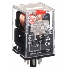 Plug-in relay with octal base and round pins. DPDT contact configuration rated 10 A at 250V AC resistive load. Coil voltage 240V AC. Suitable for use in industrial control panels, automation systems, and machinery requiring reliable socket-mounted switching.