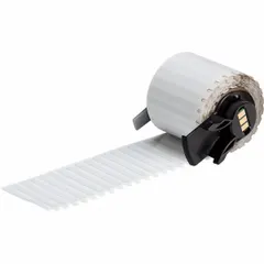 Polyimide precut label roll with white gloss finish. Each label measures 1/4 in x 1/8 in. Compatible with M611 printer series. Suitable for wire, component, and panel marking in industrial environments.