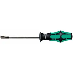 This WERA screwdriver features a Torx Plus tip with an IP9 drive profile, designed for precision fastening of Torx Plus fasteners. It is suitable for applications in electronics assembly, automotive repair, and industrial maintenance where secure, tamper-resistant fastening is required.