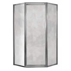 This neo-angle shower door is designed for corner shower enclosures in residential bathrooms. It features a framed construction with a silver finish, a fixed panel width of 18 1/2 inches, and an overall height of 70 inches. Suitable for new construction or renovation projects.