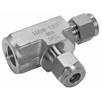 This HAM-LET double-ferrule stainless steel fitting is a tee configuration with 12 mm OD tube ends and a 1/4 in pipe connection. It is compatible with Swagelok brand fittings and provides a leak-tight seal in industrial tubing systems for fluid or gas applications
