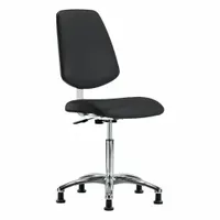 This armless cleanroom task chair features a vinyl seat with 18 1/2 in width and 17 in depth, and an aluminum base. It is rated ISO 4 for controlled environments and has an adjustable height range of 21 1/2 in to 29 in. Not ESD safe, with no foot support