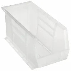 Clear plastic storage bin with integrated label holder for visual identification. Suitable for organizing small parts and components in industrial workspaces. Not electrostatic discharge conductive. Contains 0% recycled content.