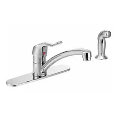 This MOEN M-Dura kitchen faucet is constructed from brass with a single-post, deck-mounted design. It delivers a flow rate of 1.5 gpm and requires 4 mounting holes for installation. Suitable for commercial or residential kitchen sinks where a gooseneck spout and durable metal construction are needed.