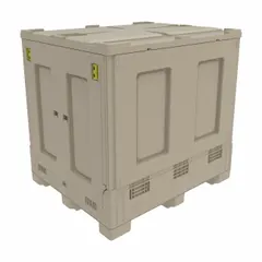 Rectangular collapsible bulk container for food transport and storage. 40.5 cu ft capacity, stacking capable with fork pockets. Lid not included. Color: Beige.