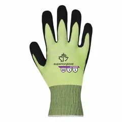 These heavy-duty cut-resistant gloves feature a high-visibility green knit shell with a palm-dipped micropore nitrile coating, providing ANSI Cut Level A6 protection. Suitable for industrial tasks such as metal stamping, glass handling, and automotive assembly. Touchscreen compatible, available in left and right hand styles.