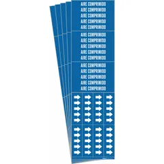 Blue fiberglass carrier-mounted pipe marker with white legend reading 'Aire Comprimido' and directional arrows. Designed for pipes with outside diameter of 3/4 inch and smaller. Each pack contains 3 markers. Used to identify compressed air lines in industrial piping systems.