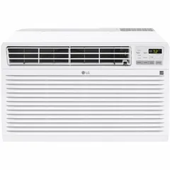 Residential-grade through-the-wall air conditioner for cooling and heating, suitable for rooms of 400 to 550 sq ft. Operates at 208/230V AC with a NEMA 6-20P plug and delivers 11,200 BtuH cooling capacity. Includes a remote control for convenient operation. CEER rating of 10.2.