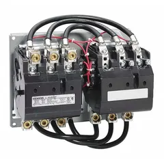 This reversing NEMA magnetic contactor is used to control the direction of three-phase AC motors in applications such as conveyors, hoists, and pumps. It features 3 poles, NEMA Size 4, and is rated for 135 A at 240V AC, enabling forward and reverse motor operation by switching the phase sequence.