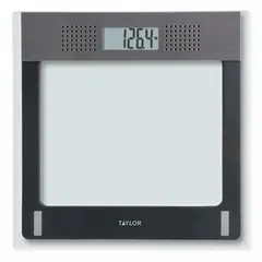 Digital bathroom scale with integrated indicator for personal weight measurement. Weighs in kilograms and pounds with a readability of 0.2 lb. Features a 12-1/4 in square weighing surface. Includes three AAA batteries. Not IP rated.