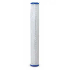 This pleated water filter cartridge uses non-woven polyester media to capture sediment particles such as sand, silt, and rust. Rated at 30 microns, it provides a flow rate of 10 gpm and is suitable for residential and commercial water filtration systems.