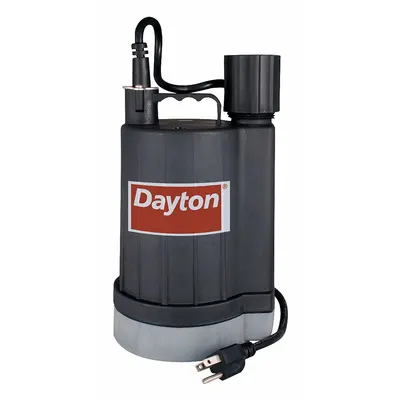 Dayton Plug-In Utility Pump: 1/4 hp, 3/32 in Max. Dia. Solids, Continuous Duty - Low-Level Submersible Electric-Operated Dewatering Pumps