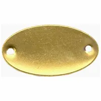 Brass oval tag with gold finish, measuring 1 5/32 in wide by 2 1/16 in high and 0.04 in thick. Suitable for indoor and outdoor use. Blank face allows custom marking for identification and safety tagging applications. Supplied in a pack of 100