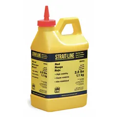 This 2.5 lb red permanent marking chalk is formulated for long-lasting visibility on rough or porous surfaces such as concrete, wood, and metal. The flip-top cap with hi-flow nozzle allows controlled dispensing for chalk line reels. Suitable for layout lines and reference marks in construction, plumbing, and electrical applications.
