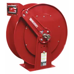 This dual-arm spring-return hose reel is designed for air or water service in industrial plants, maintenance shops, and vehicle service bays. It has a 50 ft (3/4 in I.D.) hose capacity and a maximum operating pressure of 500 psi. The swivel is made of nickel-plated steel, and the reel is finished in red. Overall dimensions are 24 in L x 10-1/2 in W x 25-3/8 in H.