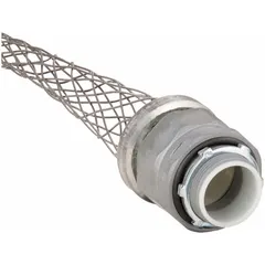 Liquid-Tight Conduit Fitting: 1 1/2 in Trade Size, Non-Insulated, Straight, 7 1/2 in Mesh Lg (MPN H150CNK). Key specifications — attr25198: Steel; attr28329: 1-1/2 in MNPT; attr28336: Stainless Steel; attr31664: Class III, Div. 1 and 2; attr31726: Non-Insulated.