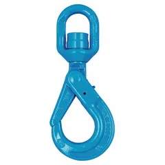 Self-locking hook for lifting applications, constructed from alloy steel with a Grade 100 rating. Features a 3/8" thread size and yellow finish. Suitable for rigging and hoisting where secure load engagement is required.