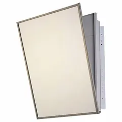 Rectangular mirrored medicine cabinet with a bright annealed stainless steel frame and glass construction. Designed for bathroom or medical facility storage, providing a reflective surface for grooming and secure storage of toiletries or supplies. Overall height 24 inches, width 18 inches.