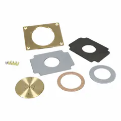 Rectangular brass floor box cover with brushed gold finish. Measures 3-1/8 in length, 4-3/16 in width, and 1/2 in height. Used to cover and protect electrical outlets, data ports, or low-voltage connections installed in floor boxes, providing a flush surface in commercial or residential settings.
