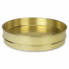 This brass testing pan has a 12-inch overall diameter and is used as a collection pan beneath sieve stacks in particle size analysis. It is suitable for laboratory testing of aggregates, powders, and granular materials.