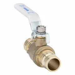 Brass two-way ball valve with lever handle for straight PEX x PEX connections. Rated for maximum 250 psi cold working pressure. Suitable for use in hydronic heating, radiant floor heating, and potable water systems as a shut-off or isolation valve.