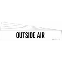 White adhesive pipe marker with black legend reading 'Outside Air'. Designed for pipe outer diameters of 8 inches and larger. Pack of 5 includes 1 marker per pack, without directional arrows. Used for identifying outside air piping in HVAC, ventilation, or combustion systems.