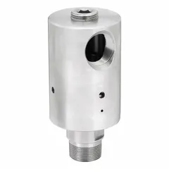 Straight, plain stainless steel rotary joint with a single passage and carbon graphite seal. Designed for transferring fluid or gas from a stationary supply line into rotating machinery. Maximum speed 1000 rpm, rotating shaft thread size 1-1/4".