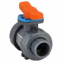 This 1-inch PVC straight ball valve is rated for 250 psi CWP and features a locking tee handle for secure positioning. It is used for on/off flow control in water, chemical, and industrial piping systems