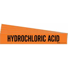 Orange pipe markers with black legend text reading 'Hydrochloric Acid'. Designed for pipes with outer diameter of 8 inches and larger. Each pack contains 5 markers without arrows. Used to identify piping systems carrying hydrochloric acid in industrial facilities.