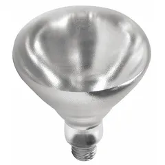 This 250-watt R40 reflector heat lamp operates at 120V AC with a medium screw (E26) base. The clear bulb provides a 2700K color temperature and is shatter-resistant. Typical applications include industrial and commercial settings requiring focused heat or illumination, such as food service or manufacturing areas.