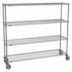 Mobile wire shelving unit for dry use with four shelves, silver chrome finish, and round steel construction. Includes four swivel casters with polyurethane wheels and donut bumpers. Suitable for organizing supplies in dry environments such as commercial kitchens, warehouses, and retail backrooms.
