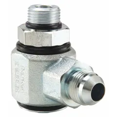 This 90-degree swivel fitting connects a 7/8 in male JIC inlet to a male SAE O-Ring straight outlet. Made of zinc-plated steel with a nitrile seal, it is rated for a maximum operating pressure of 3,000 psi and has an overall length of 2.54 in. Used in hydraulic systems to change flow direction.