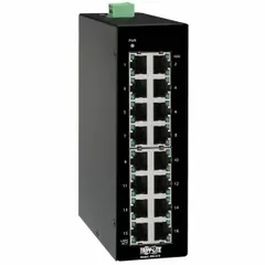 Unmanaged Ethernet switch with 16 RJ45 ports supporting 10/100/1000 Mbps network speeds. Features a pre-installed DIN rail clip for mounting in control cabinets and accepts 12/48V DC input. Suitable for connecting multiple network devices in industrial automation, security, and building management systems.