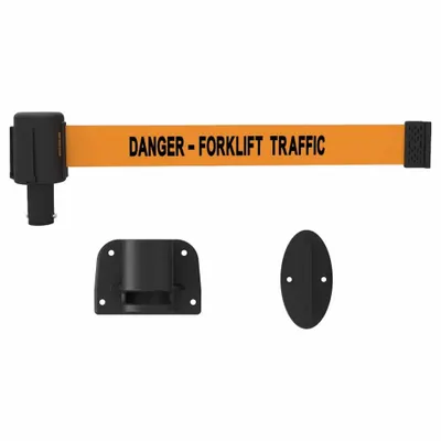 BANNER STAKES Retractable Belt Barrier: Anchors/Screws, 15 ft Belt Lg, Danger Messaging - Wall-Mount Retractable Belt Barriers