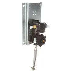 Metering valve assembly for institutional toilet flush control. Constructed of brass with a black finish. Includes a left-hand metering motor assembly. Overall width 5 inches, overall height 8 1/4 inches.