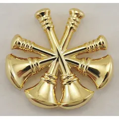 Metallic insignia featuring deputy chief fire bugles. Measures 3/4 inch, gold finish, metal construction with clutch pin attachment. Sold as a pair (1 PR). Suitable for uniform collar or lapel wear.