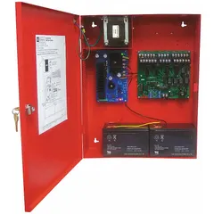 Steel-enclosed NAC power extender for fire alarm notification systems. Operates on 120V AC input and provides 6A synchronized power for Class A notification appliance circuits. Supports horns, strobes, and other signaling devices.