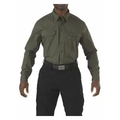 Men's tactical collared work shirt in Olive Green. Features a button front and long sleeves. Constructed from cotton. Suitable for professional work environments such as security, law enforcement, and field service.
