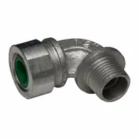 90° metallic cable grip with 1/2 in MNPT box connection, accommodating cords 0.45 to 0.56 in diameter. Silver iron body with green color-coded grommet. Rated for Class II, Division 1 & 2 hazardous locations. Used to secure and seal cords entering enclosures in environments with combustible dust