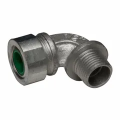 90° metallic cable grip with 1/2 in MNPT box connection, accommodating cords 0.45 to 0.56 in diameter. Silver iron body with green color-coded grommet. Rated for Class II, Division 1 & 2 hazardous locations. Used to secure and seal cords entering enclosures in environments with combustible dust.
