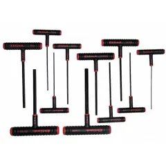 This 11-piece T-handle hex key set includes SAE sizes with standard and long arm tips. The keys feature a black oxide finish and are stored in a pouch. Designed for tightening or loosening hex socket screws and bolts in maintenance, assembly, and repair tasks.