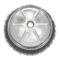 This WEILER brush is designed for light cleaning, surface preparation, and deburring on carbon steel. It features crimped steel bristles with a 0.014 in fill diameter and a 3 in diameter cup shape. The brush connects via a 1/2"-13 arbor hole for use with compatible power tools