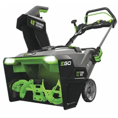 This cordless snow blower is manually operated with auger assistance for clearing snow from driveways, walkways, and patios. It includes two 7.5 Ah batteries and features variable speed settings for adjustable clearing performance.