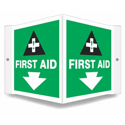CONDOR Safety Sign: PETG, Mounting Holes Sign Mounting, 6 in x 8 1/2 in Nominal Sign Size - V-Shape Projection First Aid Signs