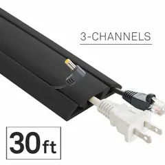 This flexible rubber cable floor cover manages and protects cables in high-traffic areas. It measures 30 feet in length, 2 5/8 inches in overall width, and 5/8 inches in overall height. The black rubber construction helps prevent tripping hazards and shields cables from damage.