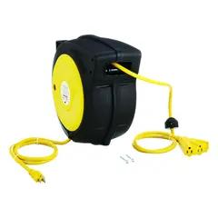 Self-retracting cord reel with ratchet lock mechanism for secure cord positioning at any extension length. Features 40 ft of 12 AWG SJTOW 12/3 cable with 5-15P feeder plug and 5-15R retractable connector. Suitable for providing retractable power in workshops, garages, and industrial facilities.