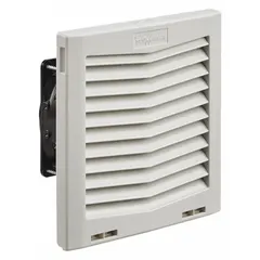 Square axial fan for cooling and ventilating electrical enclosures in wet or dusty environments. Plastic housing with IP54 protection against water splashes and dust ingress. Delivers 70 cfm airflow at 0.000 in static pressure. Includes mounting hardware and terminal connections. Height 4 7/16 in, depth 3 5/8 in.