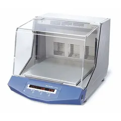 Orbital incubating shaker with a speed range of 10 RPM to 500 RPM. Features automatic shut-off if disturbed. Used in laboratory applications requiring controlled temperature and agitation, such as cell culture, fermentation, and solubility studies.